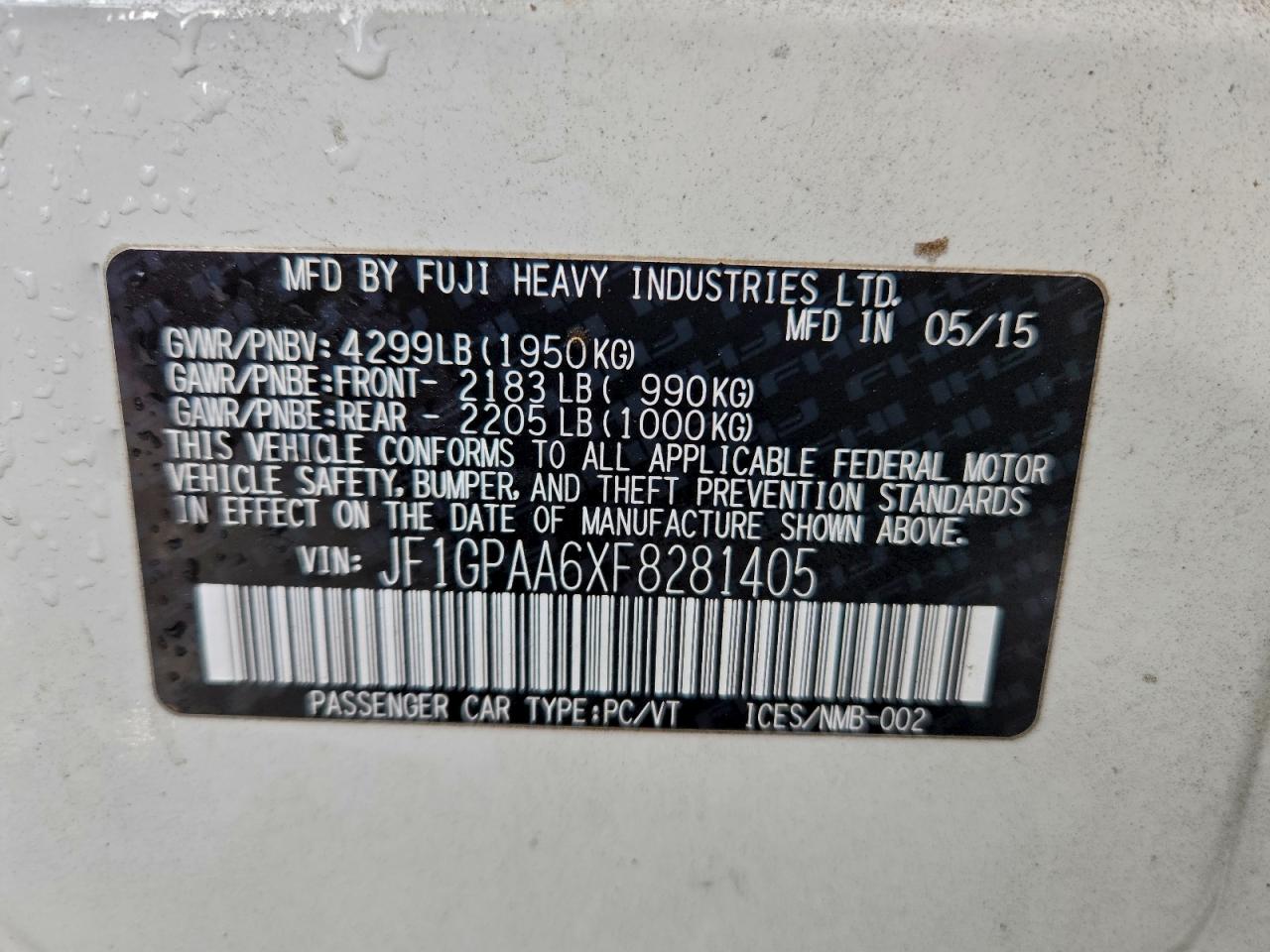 2015 Subaru Impreza VIN: JF1GPAA6XF8281405 Lot: 94339225