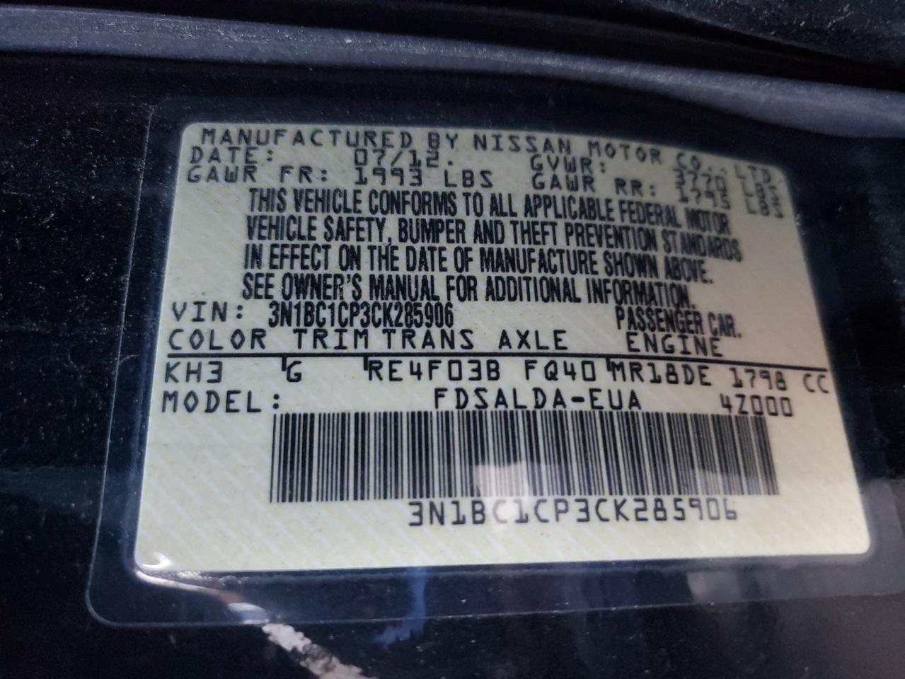 2012 Nissan Versa S VIN: 3N1BC1CP3CK285906 Lot: 93692835