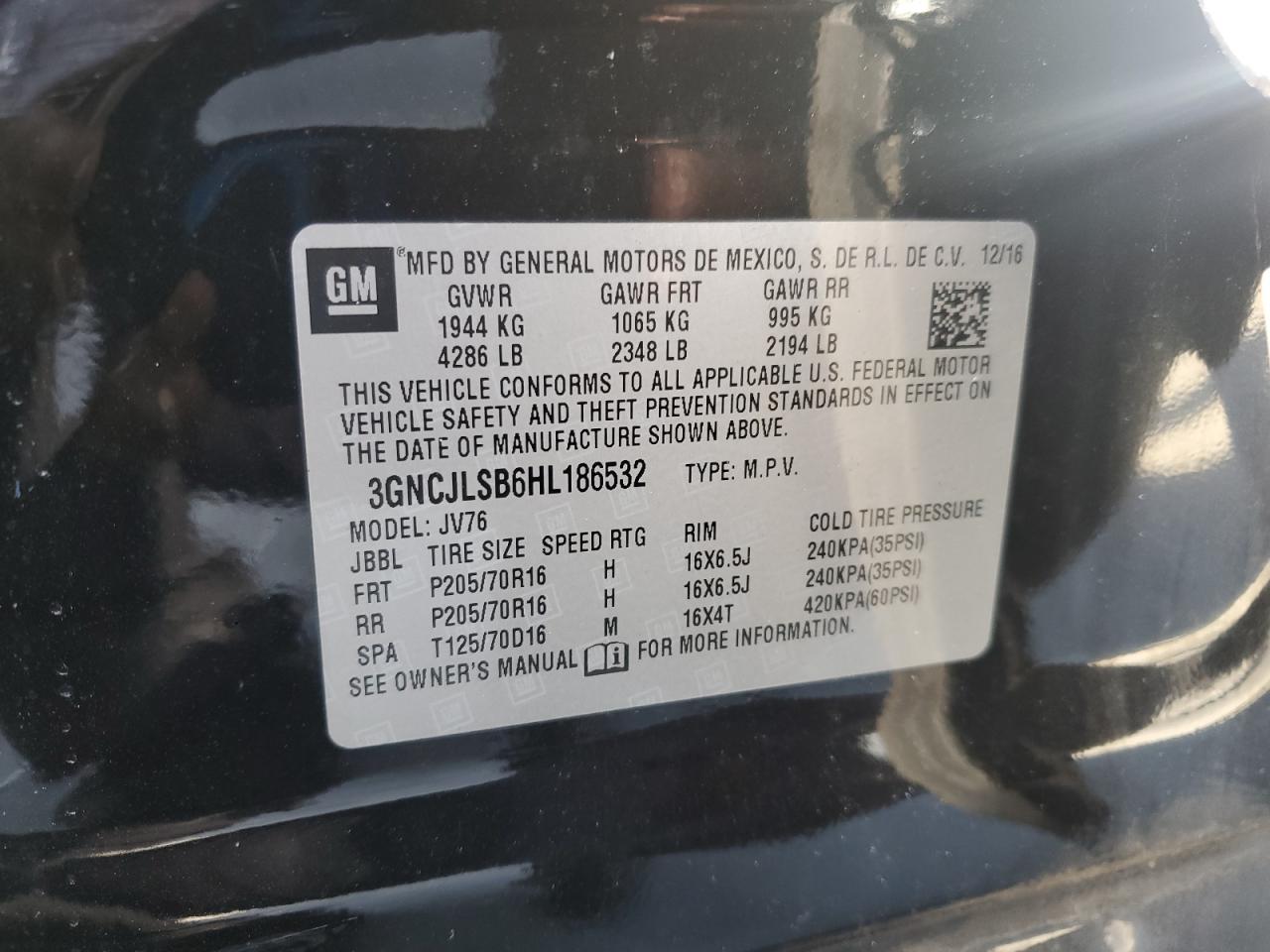 2017 Chevrolet Trax 1Lt VIN: 3GNCJLSB6HL186532 Lot: 92962305