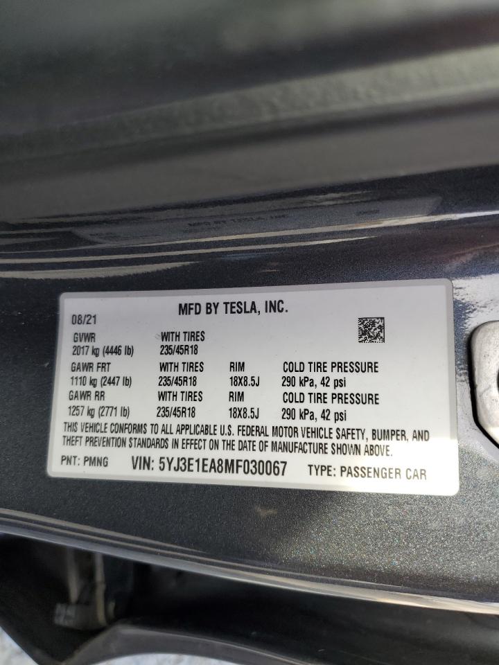 2021 Tesla Model 3 VIN: 5YJ3E1EA8MF030067 Lot: 92927925