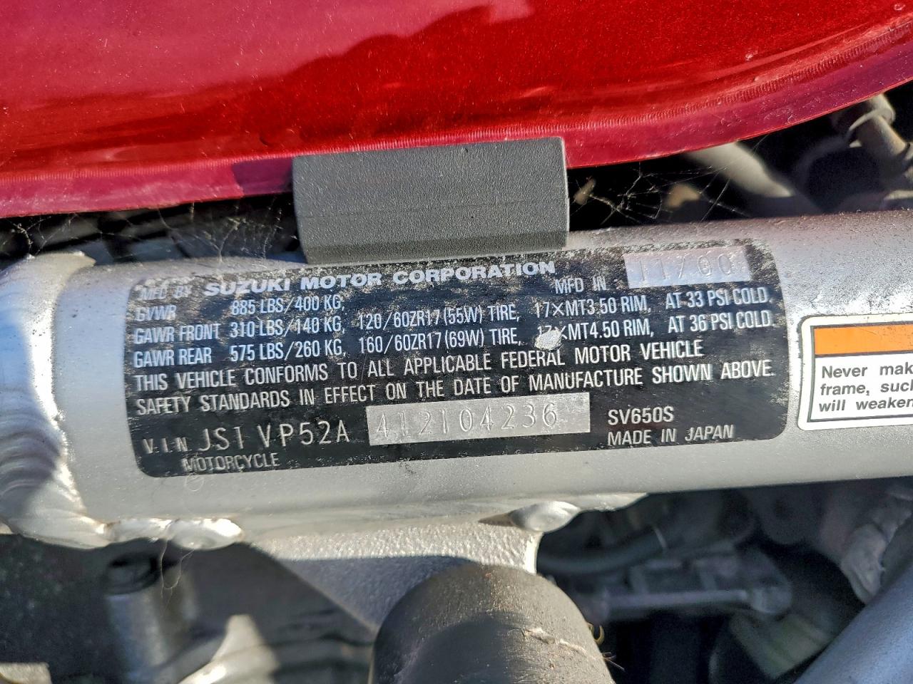 2001 Suzuki Sv650 S VIN: JS1VP52A412104236 Lot: 93858475