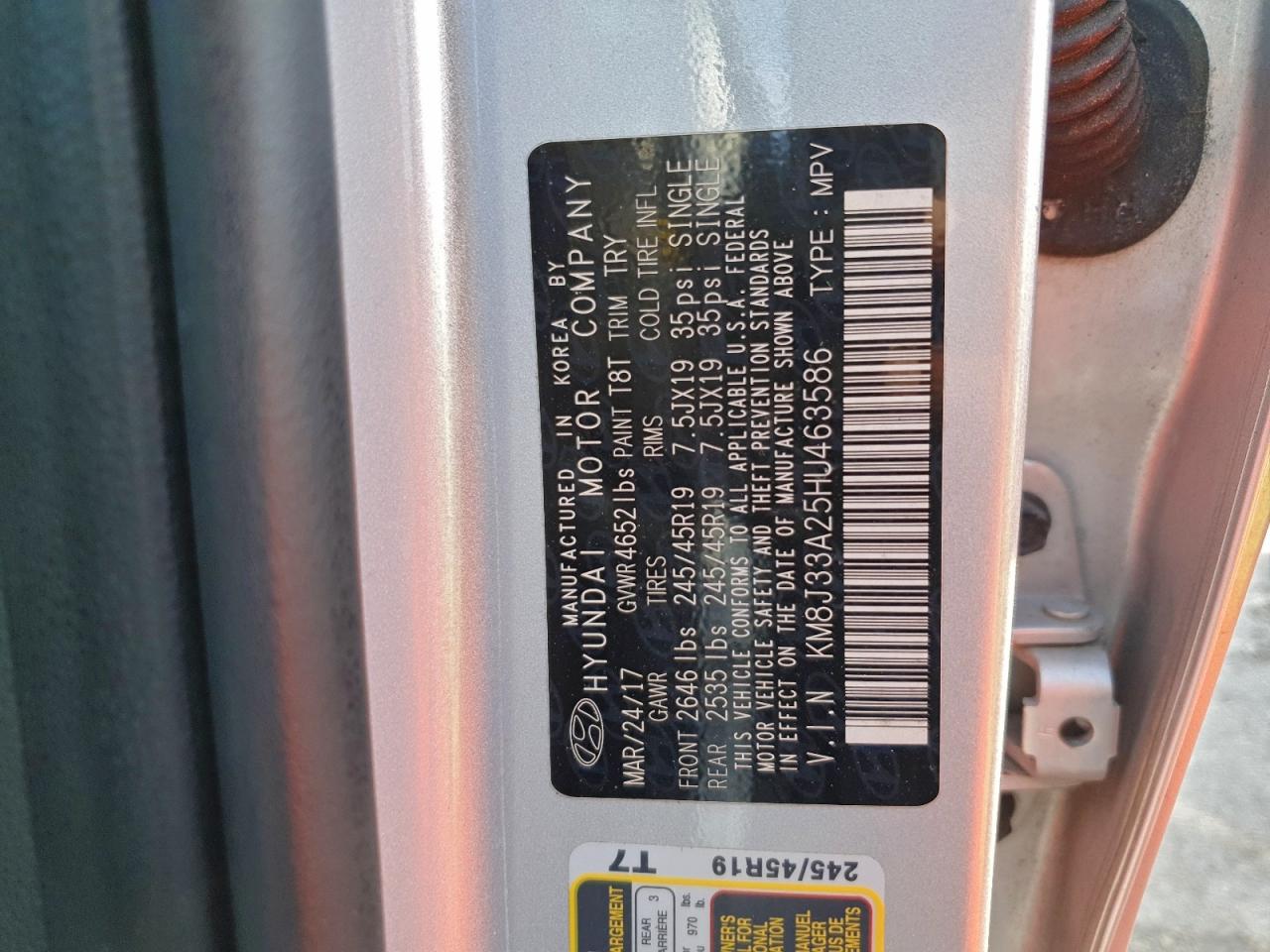 2017 Hyundai Tucson Limited VIN: KM8J33A25HU463586 Lot: 93865105