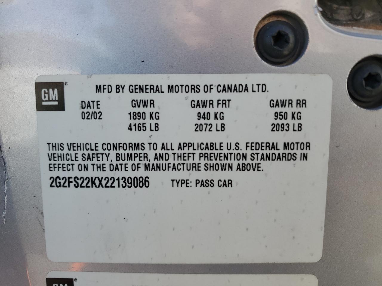 2002 Pontiac Firebird VIN: 2G2FS22KX22139086 Lot: 93568675