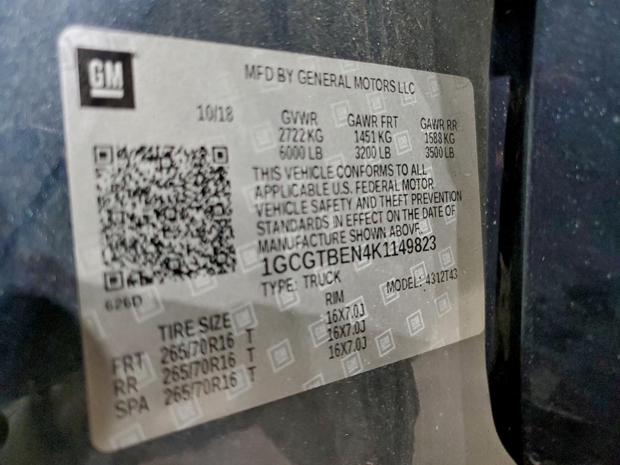 2019 Chevrolet Colorado VIN: 1GCGTBEN4K1149823 Lot: 93971395