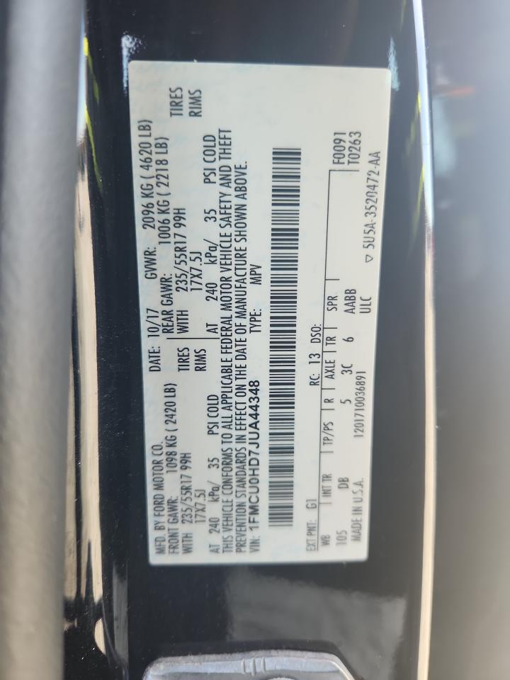 2018 Ford Escape Sel VIN: 1FMCU0HD7JUA44348 Lot: 93228015