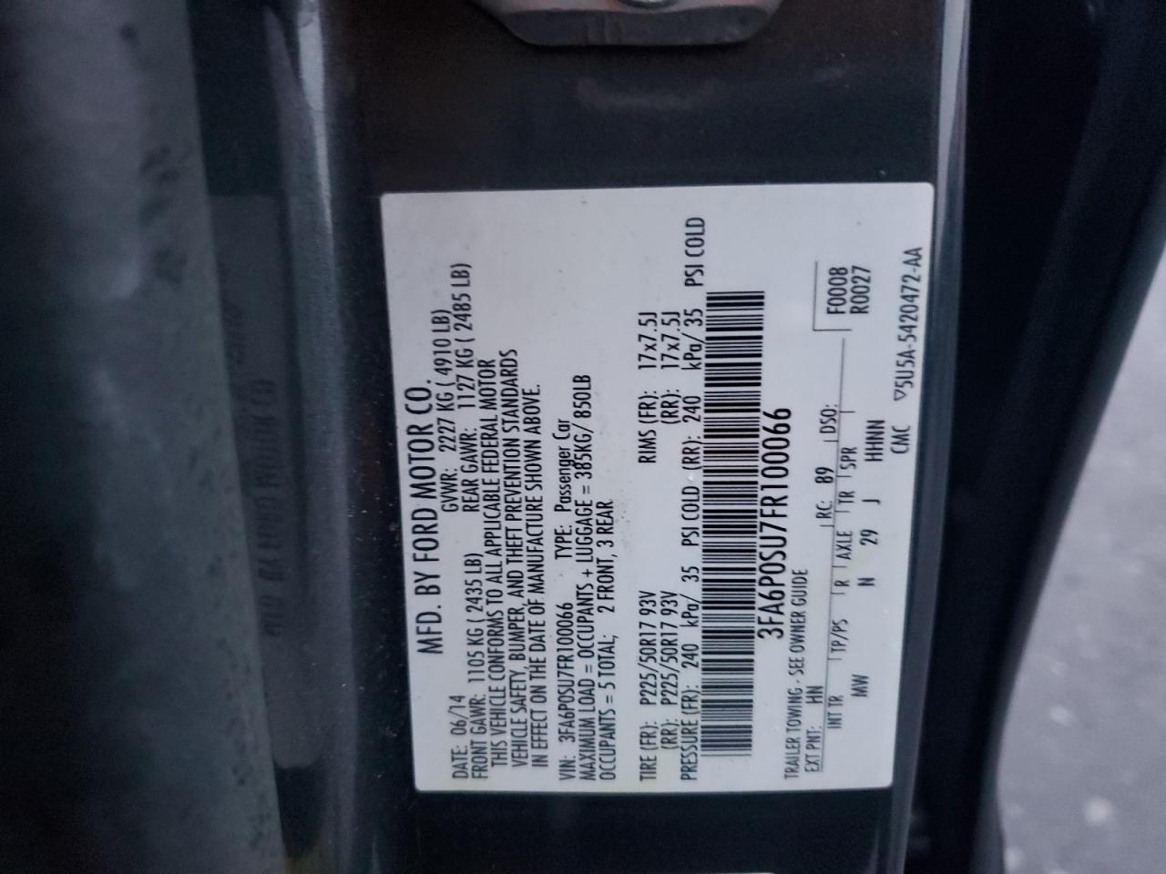 2015 Ford Fusion Titanium Phev VIN: 3FA6P0SU7FR100066 Lot: 93573145