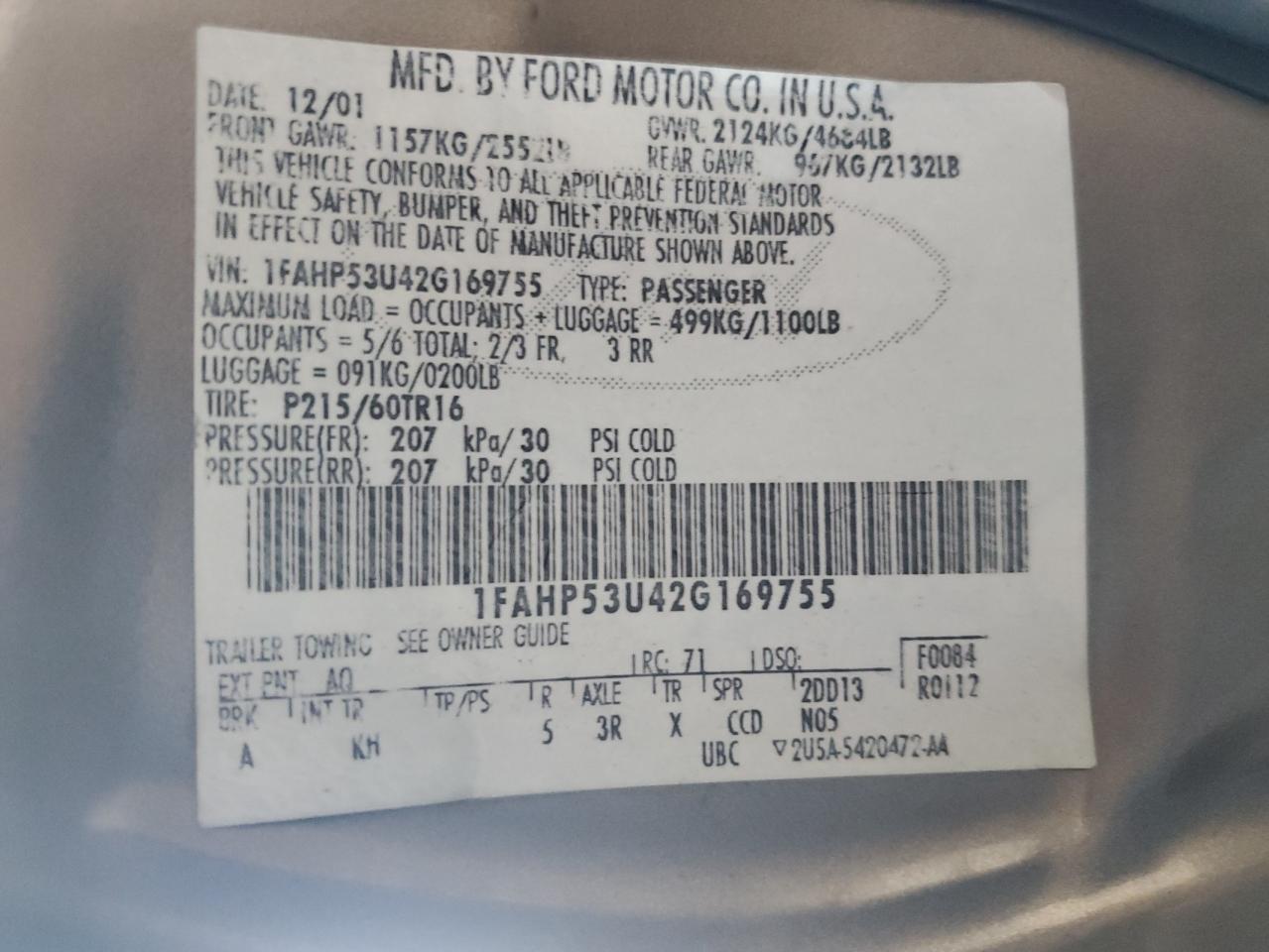 2002 Ford Taurus Se VIN: 1FAHP53U42G169755 Lot: 90357005