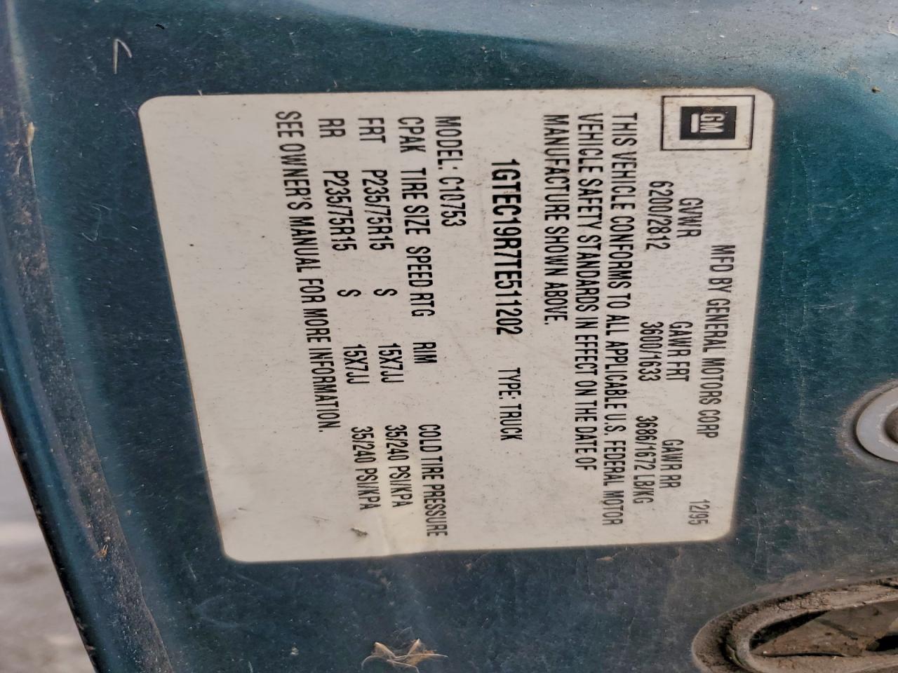 1996 GMC Sierra C1500 VIN: 1GTEC19R7TE511202 Lot: 92669515