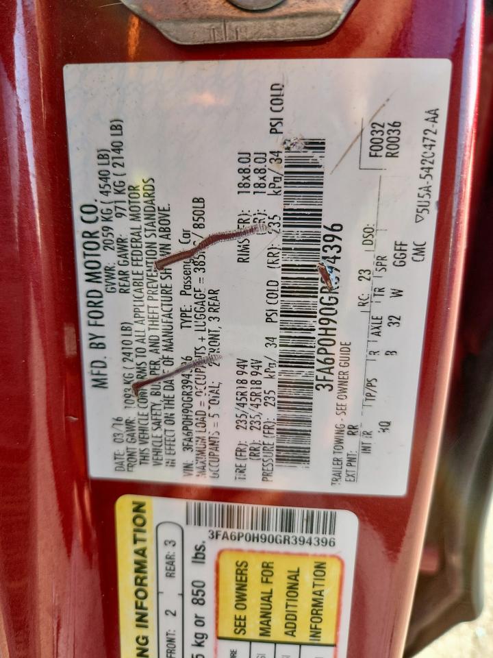 2016 Ford Fusion Se VIN: 3FA6P0H90GR394396 Lot: 91369815