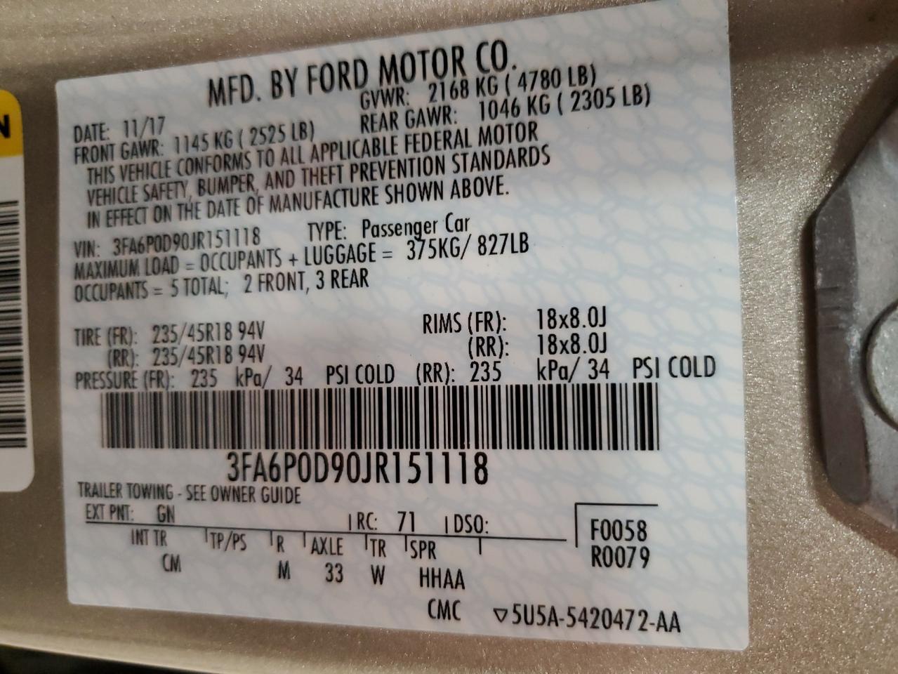 2018 Ford Fusion Titanium/Platinum VIN: 3FA6P0D90JR151118 Lot: 93456245