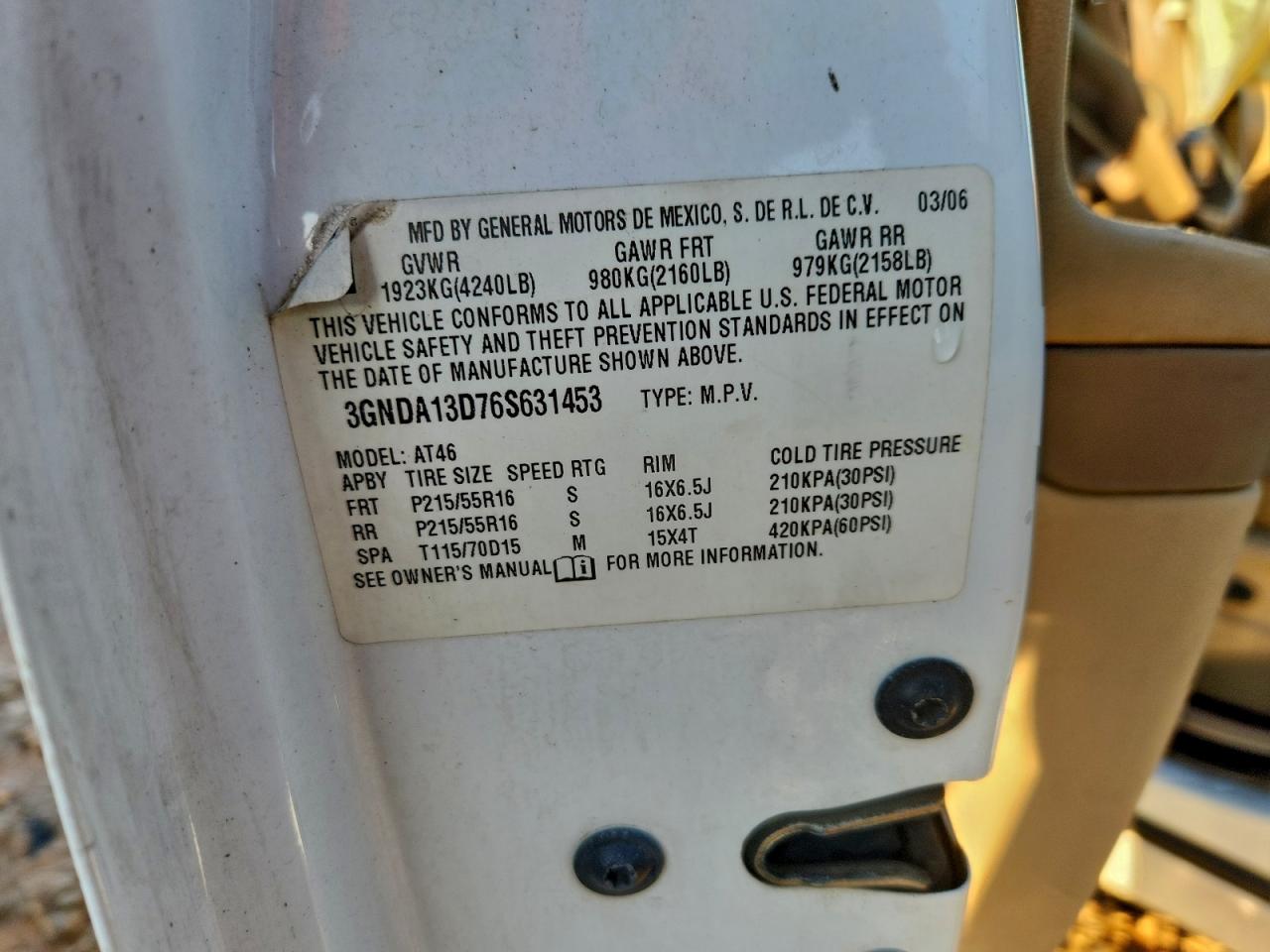 2006 Chevrolet Hhr Ls VIN: 3GNDA13D76S631453 Lot: 93753605