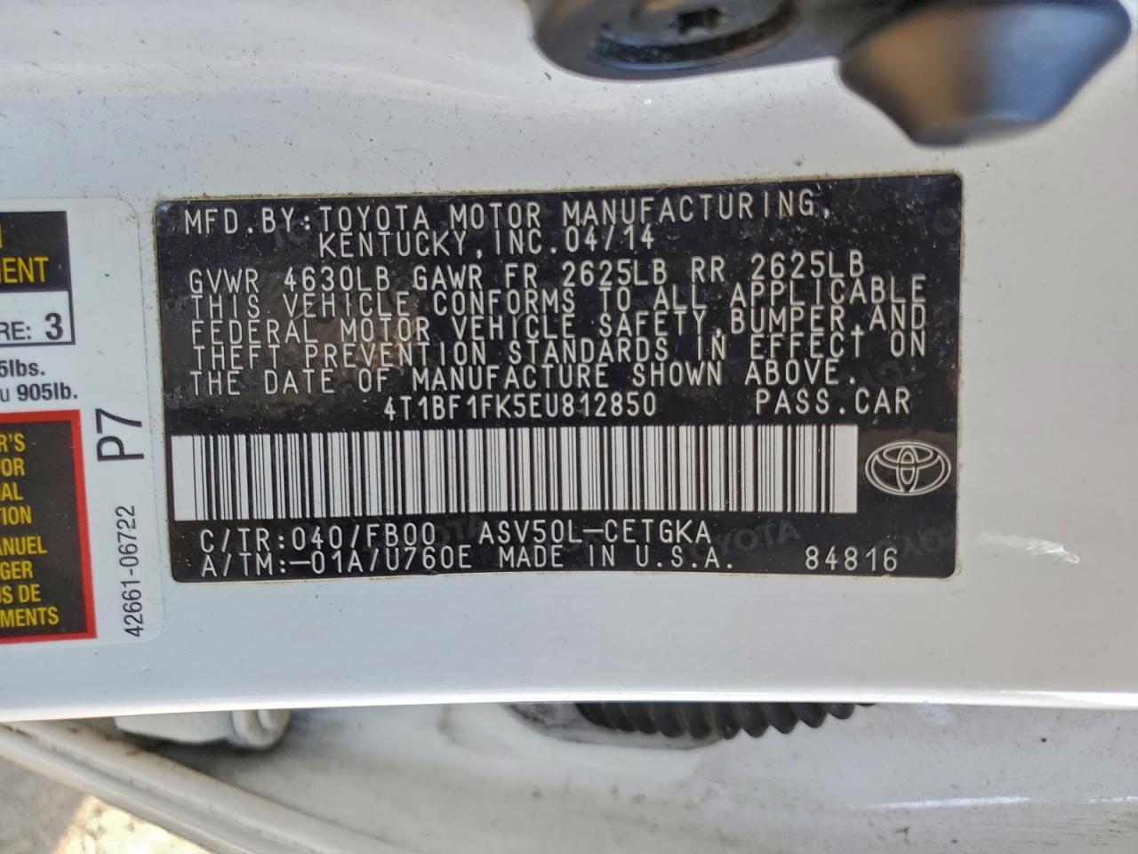 2014 Toyota Camry L VIN: 4T1BF1FK5EU812850 Lot: 93648265