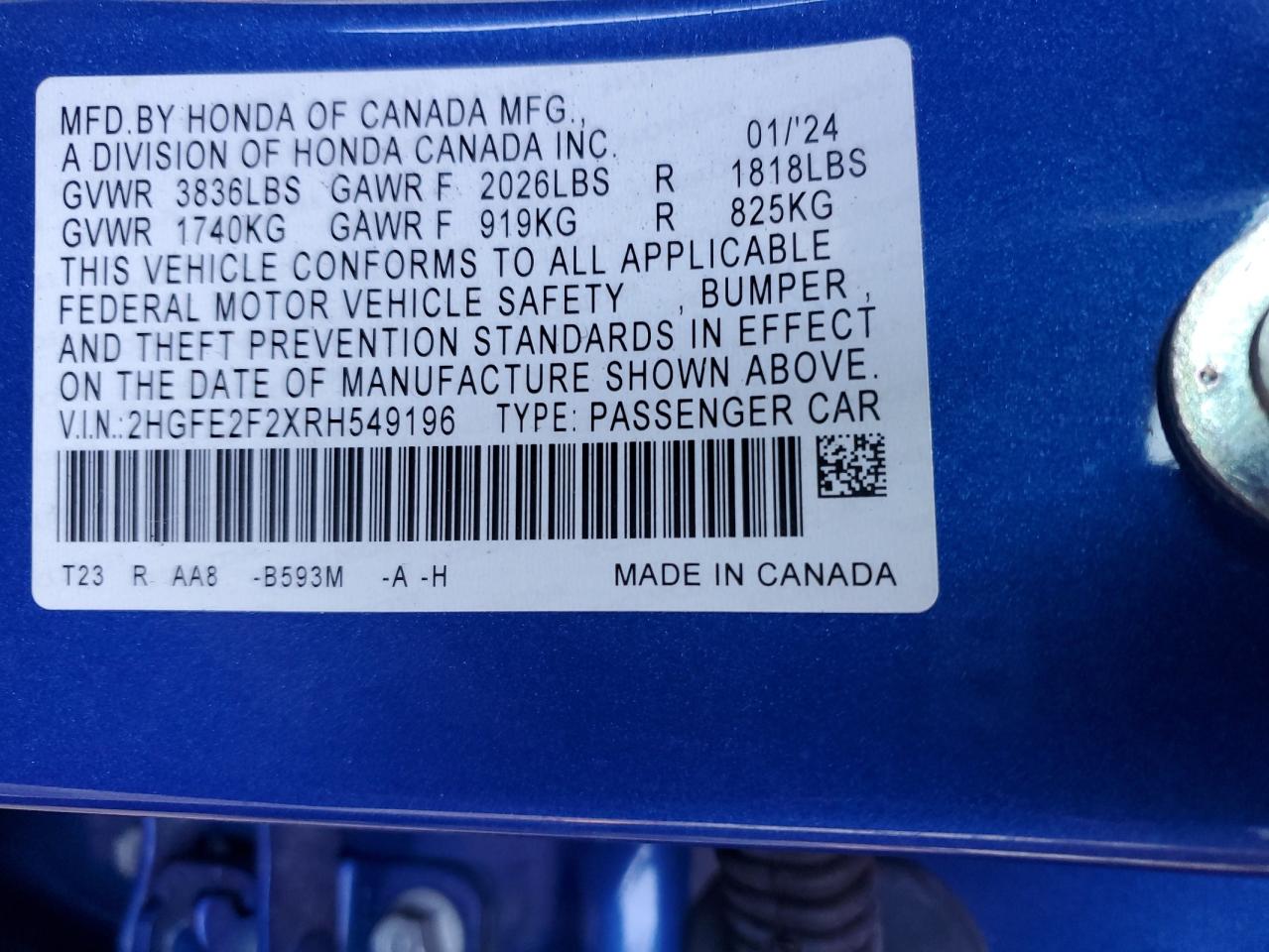 2024 Honda Civic Lx VIN: 2HGFE2F2XRH549196 Lot: 91869435