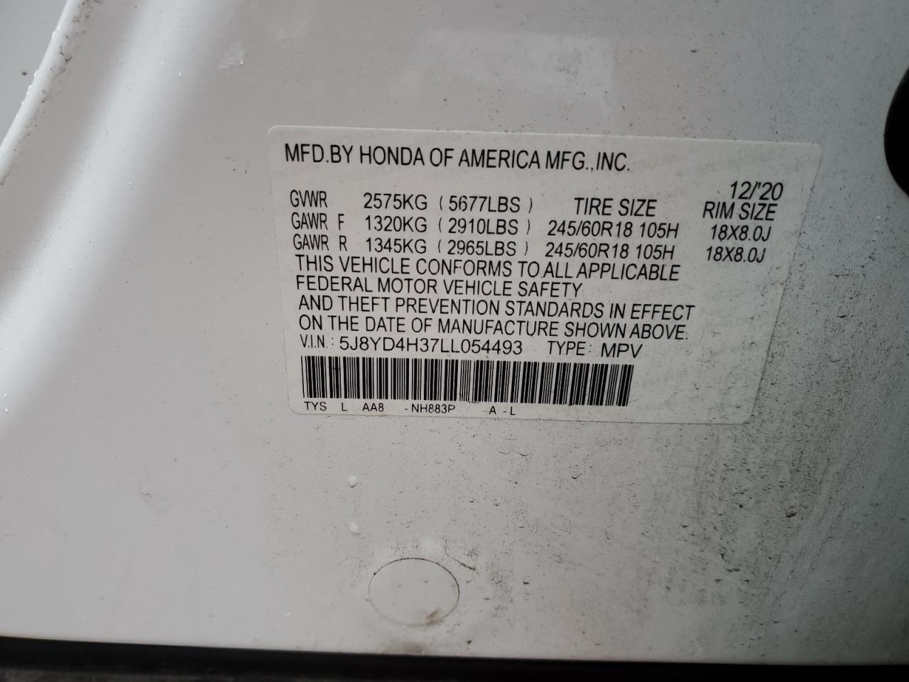 2020 Acura Mdx VIN: 5J8YD4H37LL054493 Lot: 93568845