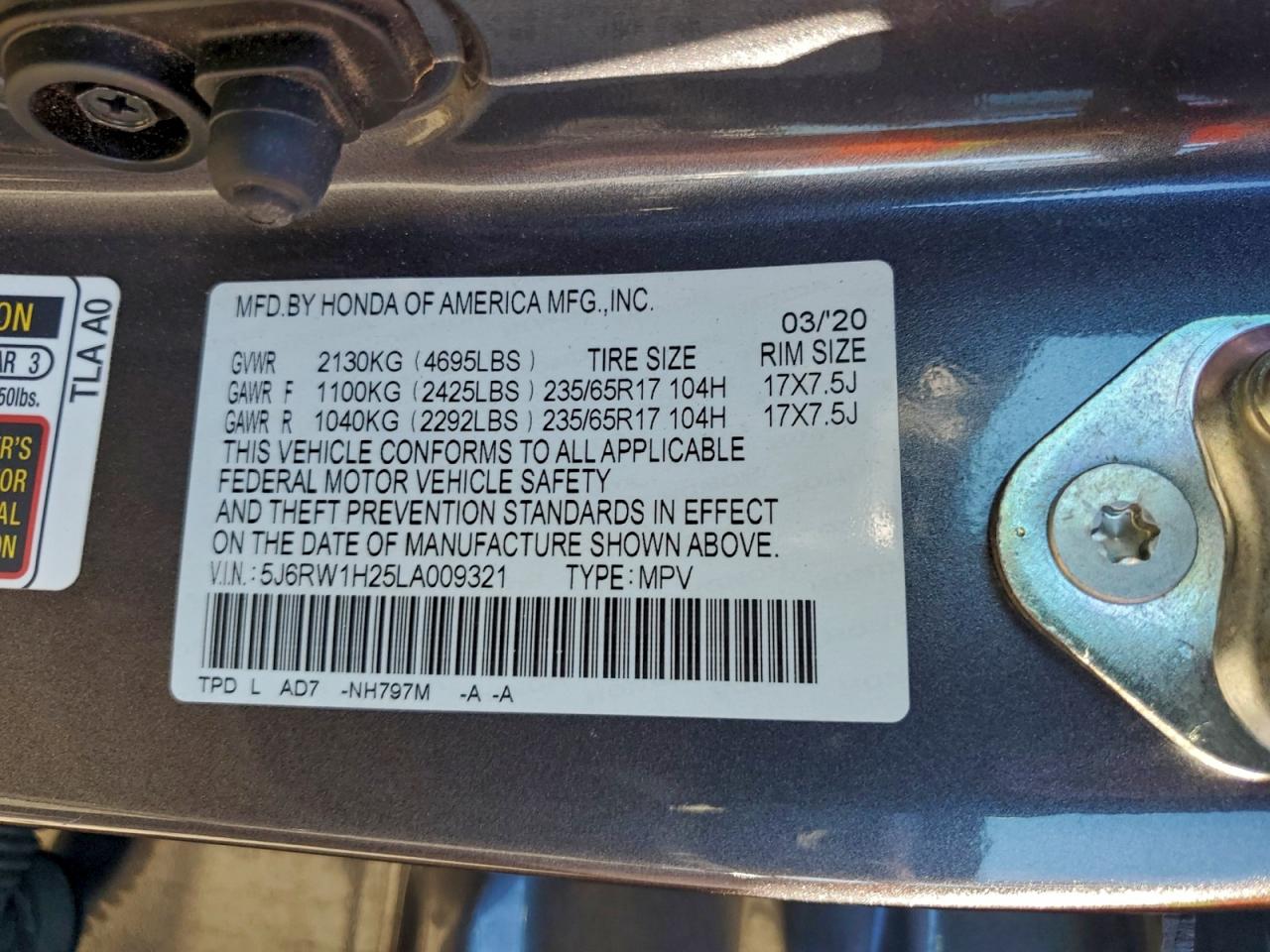 2020 Honda Cr-V Lx VIN: 5J6RW1H25LA009321 Lot: 94268785