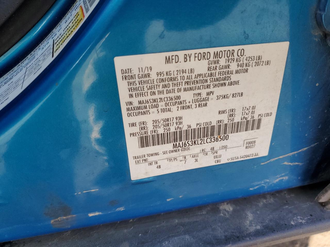 2020 Ford Ecosport Titanium VIN: MAJ6S3KL2LC336500 Lot: 92801395