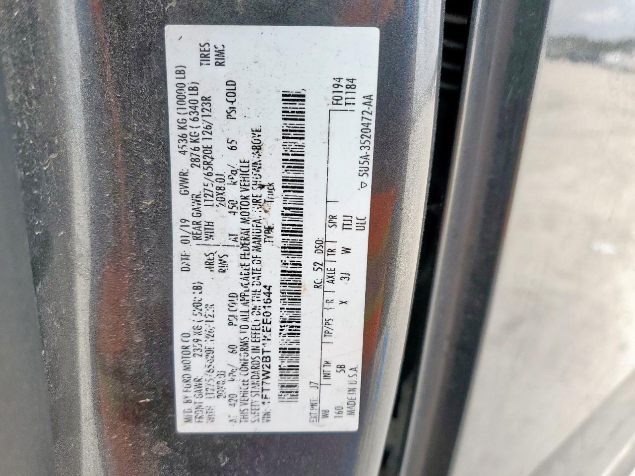 2019 Ford F250 Super Duty VIN: 1FT7W2BT1KEE01644 Lot: 93089785