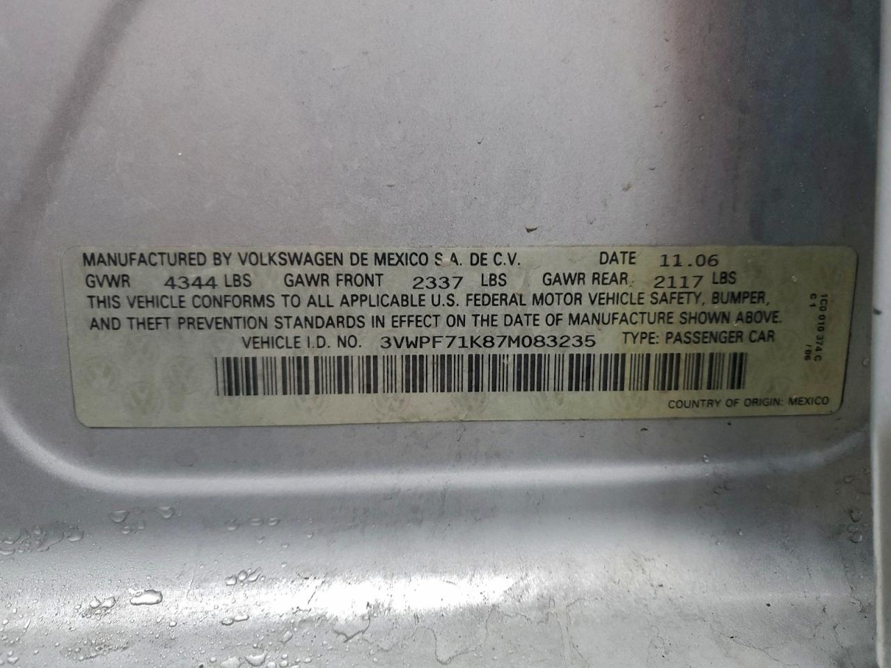 2007 Volkswagen Jetta 2.5 VIN: 3VWPF71K87M083235 Lot: 93661175