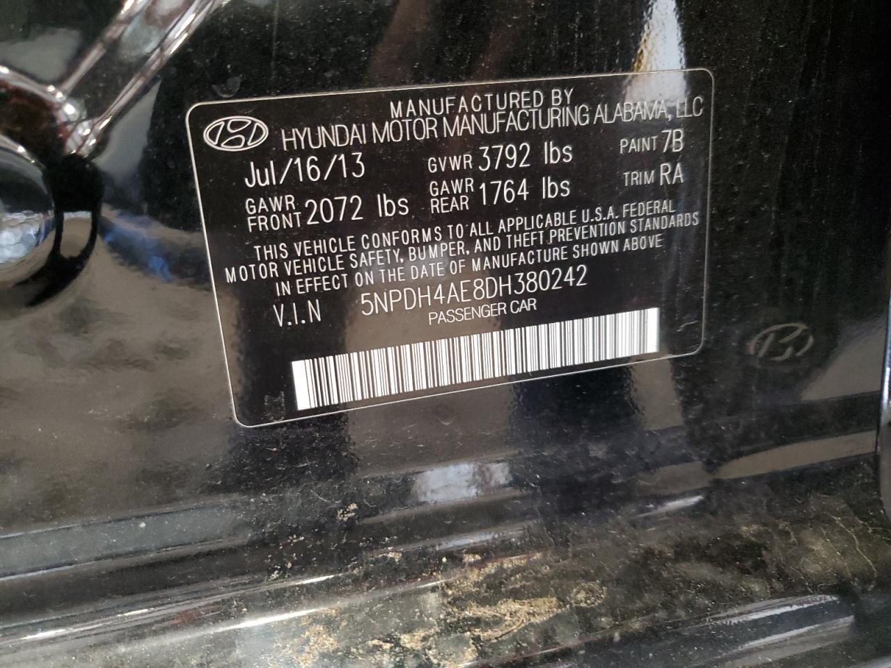 2013 Hyundai Elantra Gls VIN: 5NPDH4AE8DH380242 Lot: 92010545