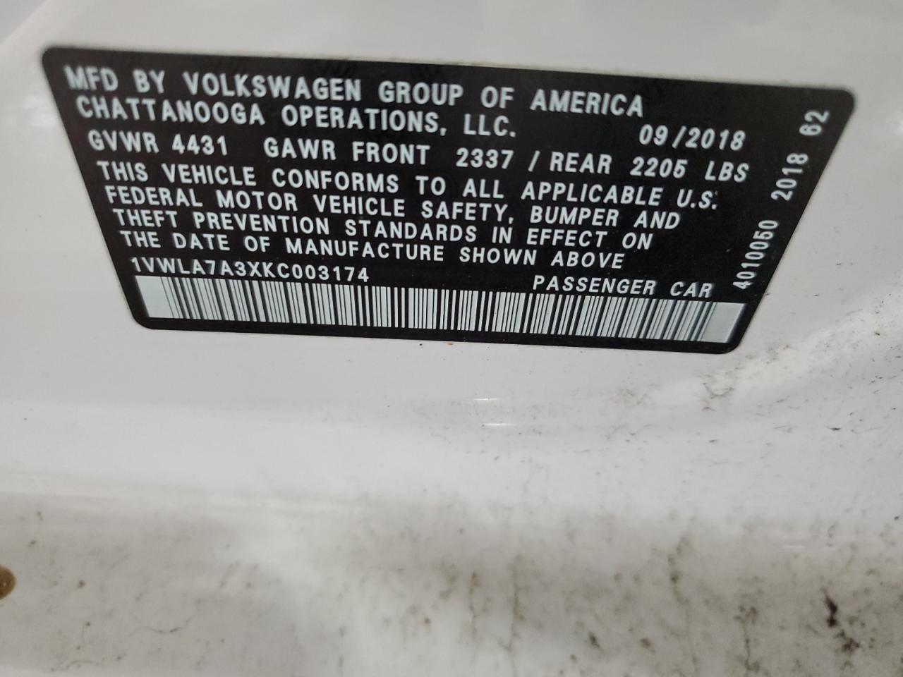 2019 Volkswagen Passat Wolfsburg VIN: 1VWLA7A3XKC003174 Lot: 91734565