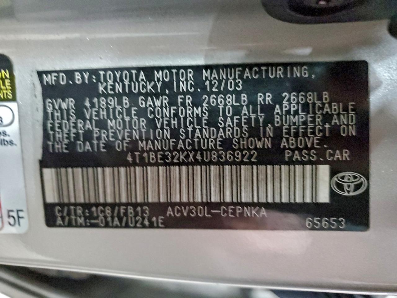 2004 Toyota Camry Le VIN: 4T1BE32KX4U836922 Lot: 93720105