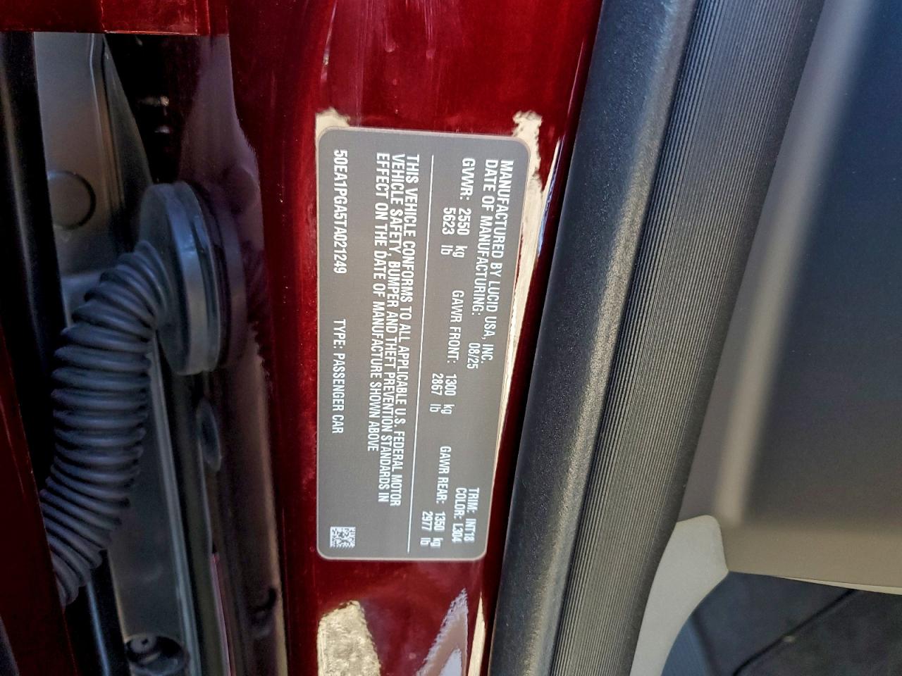 2026 Lucid Motors Air Pure VIN: 50EA1PGA5TA021249 Lot: 94000315