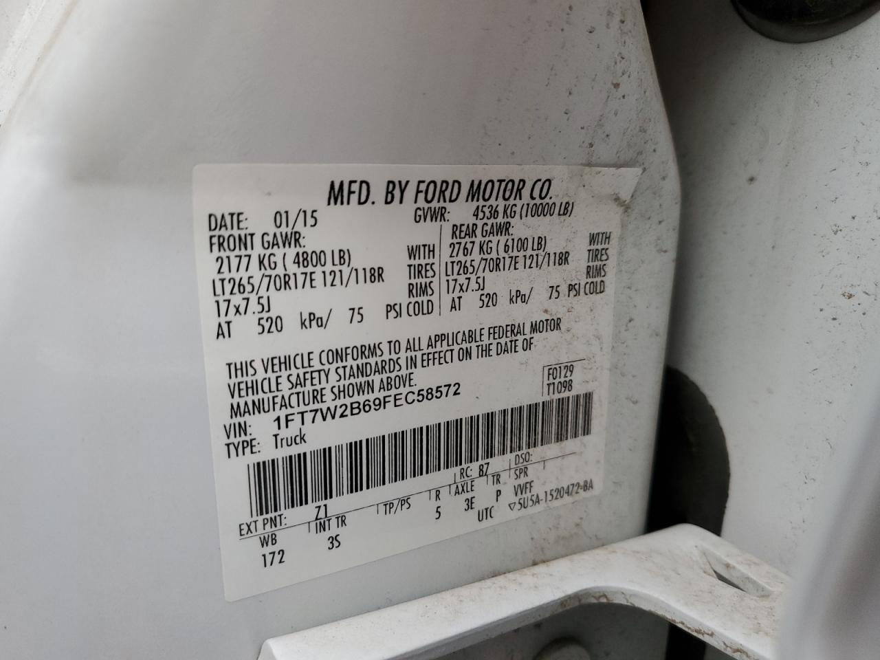 2015 Ford F250 Super Duty VIN: 1FT7W2B69FEC58572 Lot: 93955045