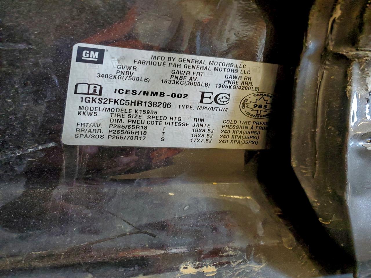 2017 GMC Yukon Xl K1500 Sle VIN: 1GKS2FKC5HR138206 Lot: 93975525