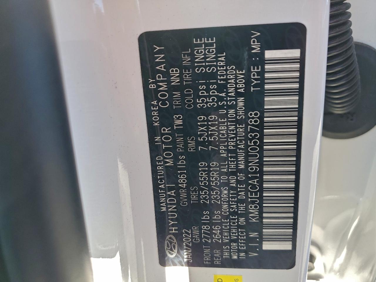 2022 Hyundai Tucson Limited VIN: KM8JECA19NU053788 Lot: 94559955