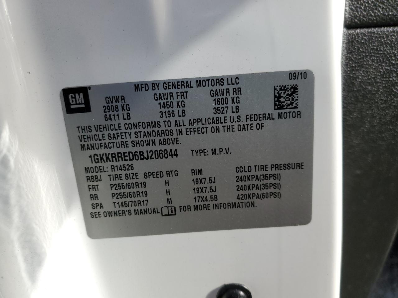 2011 GMC Acadia Slt-1 VIN: 1GKKRRED6BJ206844 Lot: 93265315