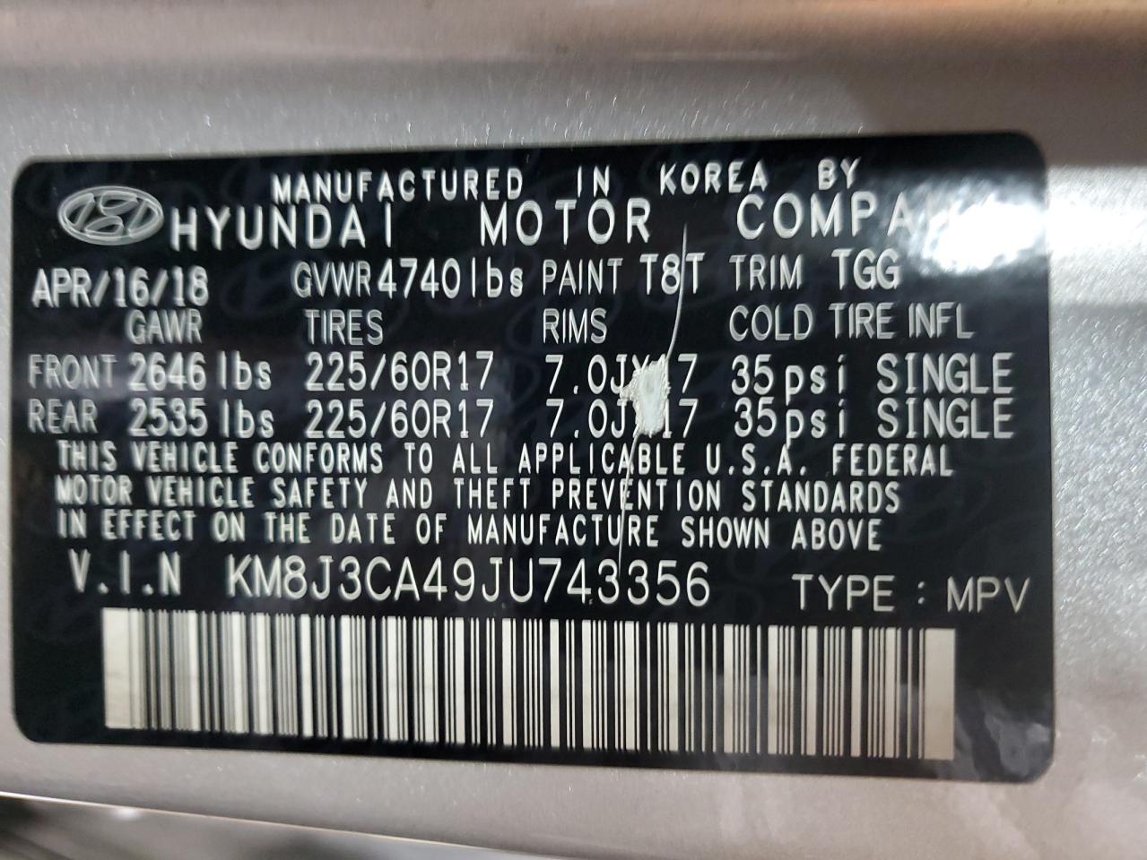 2018 Hyundai Tucson Sel VIN: KM8J3CA49JU743356 Lot: 93547875