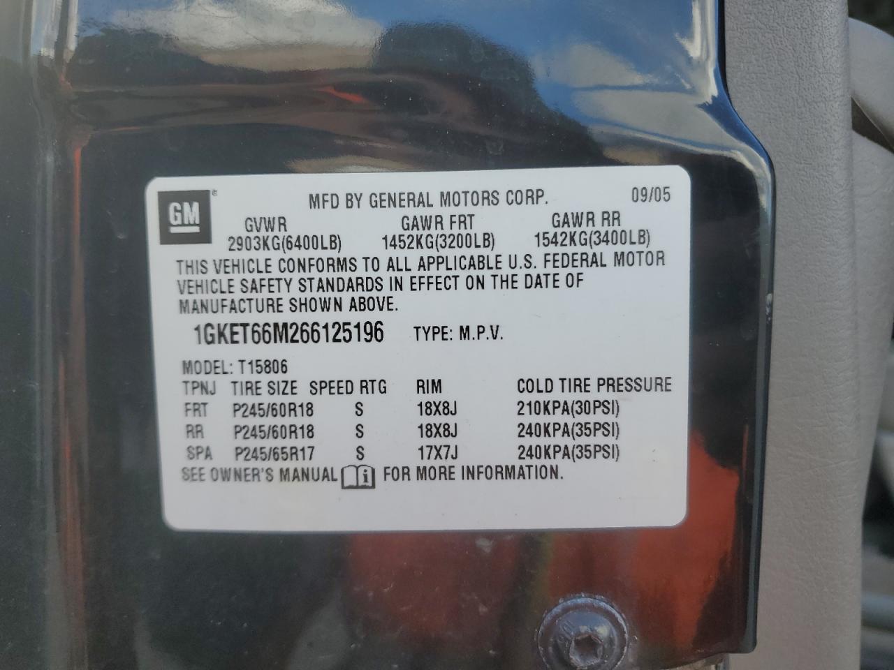 2006 GMC Envoy Denali Xl VIN: 1GKET66M266125196 Lot: 91432955