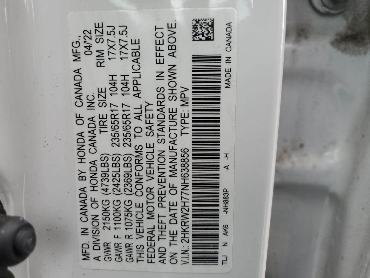 2022 Honda Cr-V Se VIN: 2HKRW2H77NH638856 Lot: 92298335