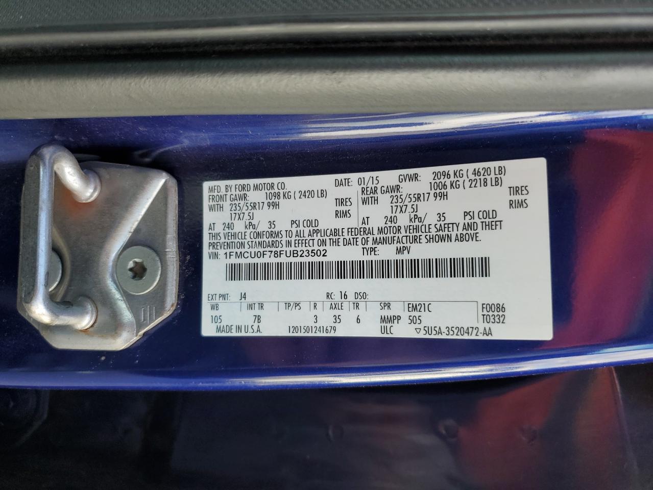 2015 Ford Escape S VIN: 1FMCU0F78FUB23502 Lot: 91317905