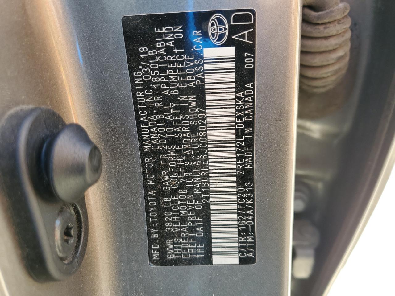 2018 Toyota Corolla L VIN: 2T1BURHE6JC080297 Lot: 91266705