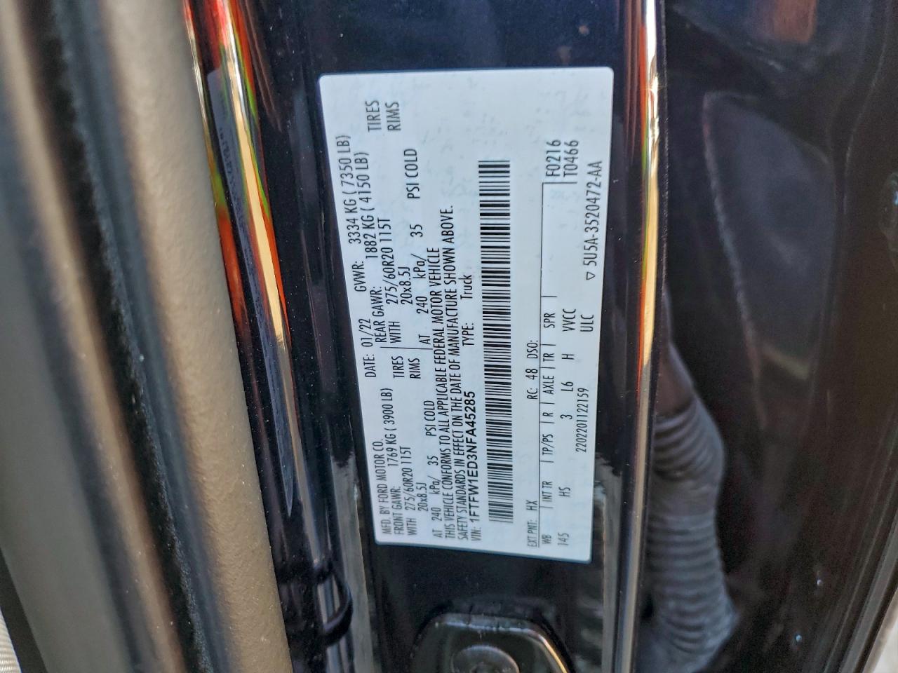 2022 Ford F150 Supercrew VIN: 1FTFW1ED3NFA45285 Lot: 94293535