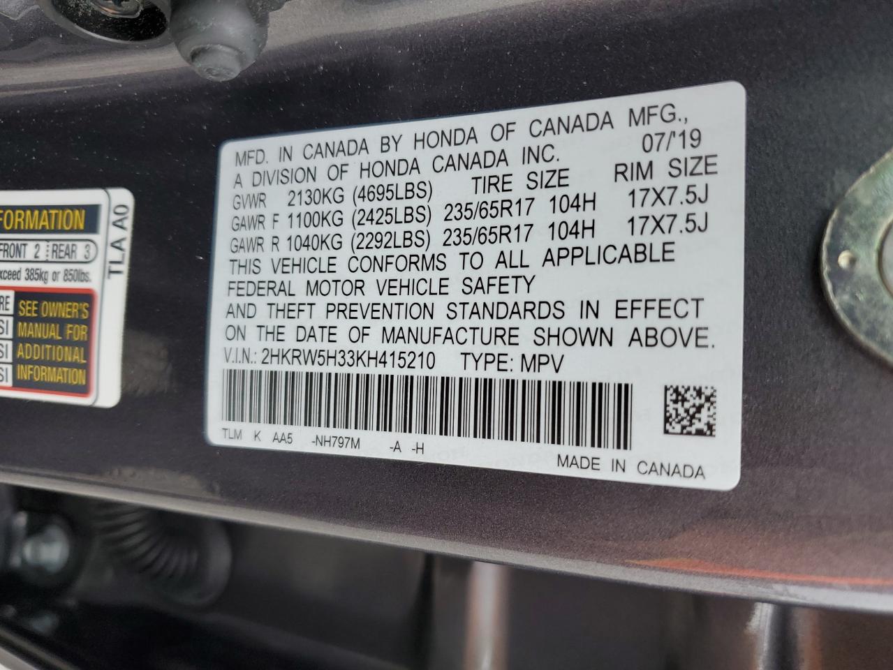 2019 Honda Cr-V Lx VIN: 2HKRW5H33KH415210 Lot: 92240825