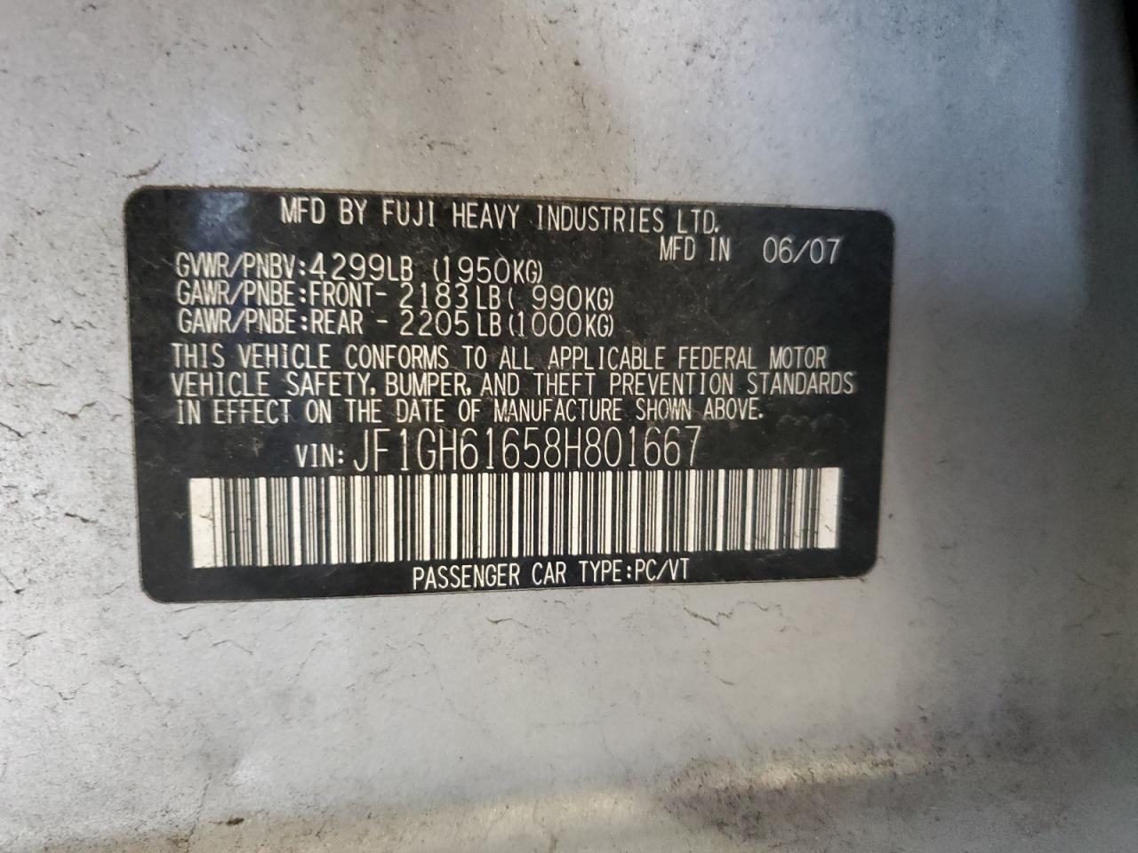 2008 Subaru Impreza 2.5I VIN: JF1GH61658H801667 Lot: 92353635