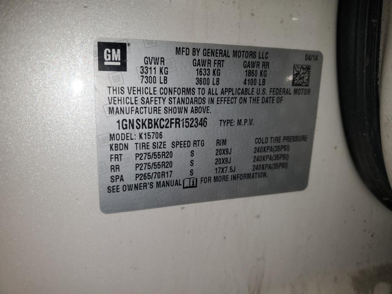 2015 Chevrolet Tahoe K1500 Lt VIN: 1GNSKBKC2FR152346 Lot: 93240945