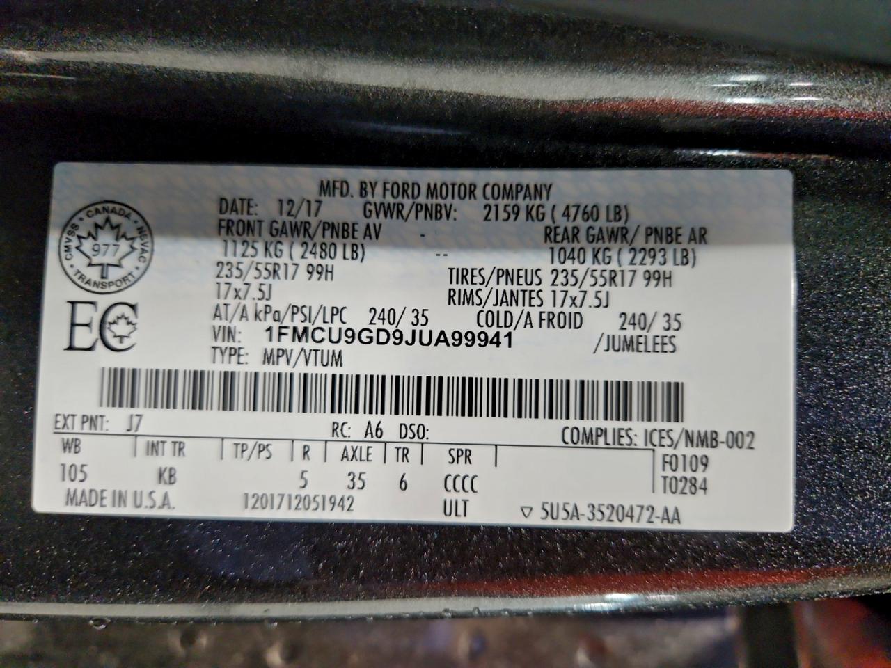 2018 Ford Escape Se VIN: 1FMCU9GD9JUA99941 Lot: 93744015