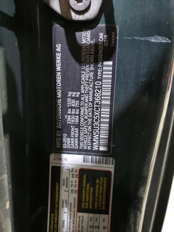 2012 Mini Cooper VIN: WMWSU3C5XCT368210 Lot: 91853055