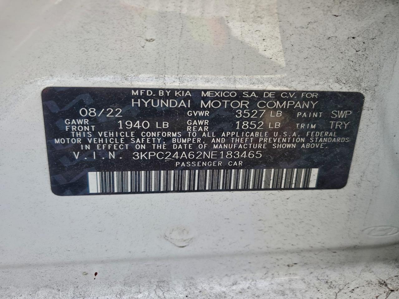 2022 Hyundai Accent Se VIN: 3KPC24A62NE183465 Lot: 94592905