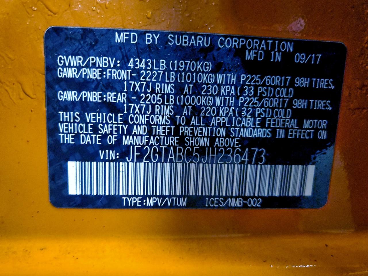 2018 Subaru Crosstrek Premium VIN: JF2GTABC5JH236473 Lot: 94492105