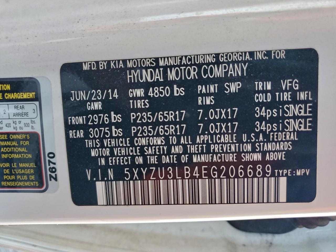 2014 Hyundai Santa Fe Sport VIN: 5XYZU3LB4EG206689 Lot: 94683795