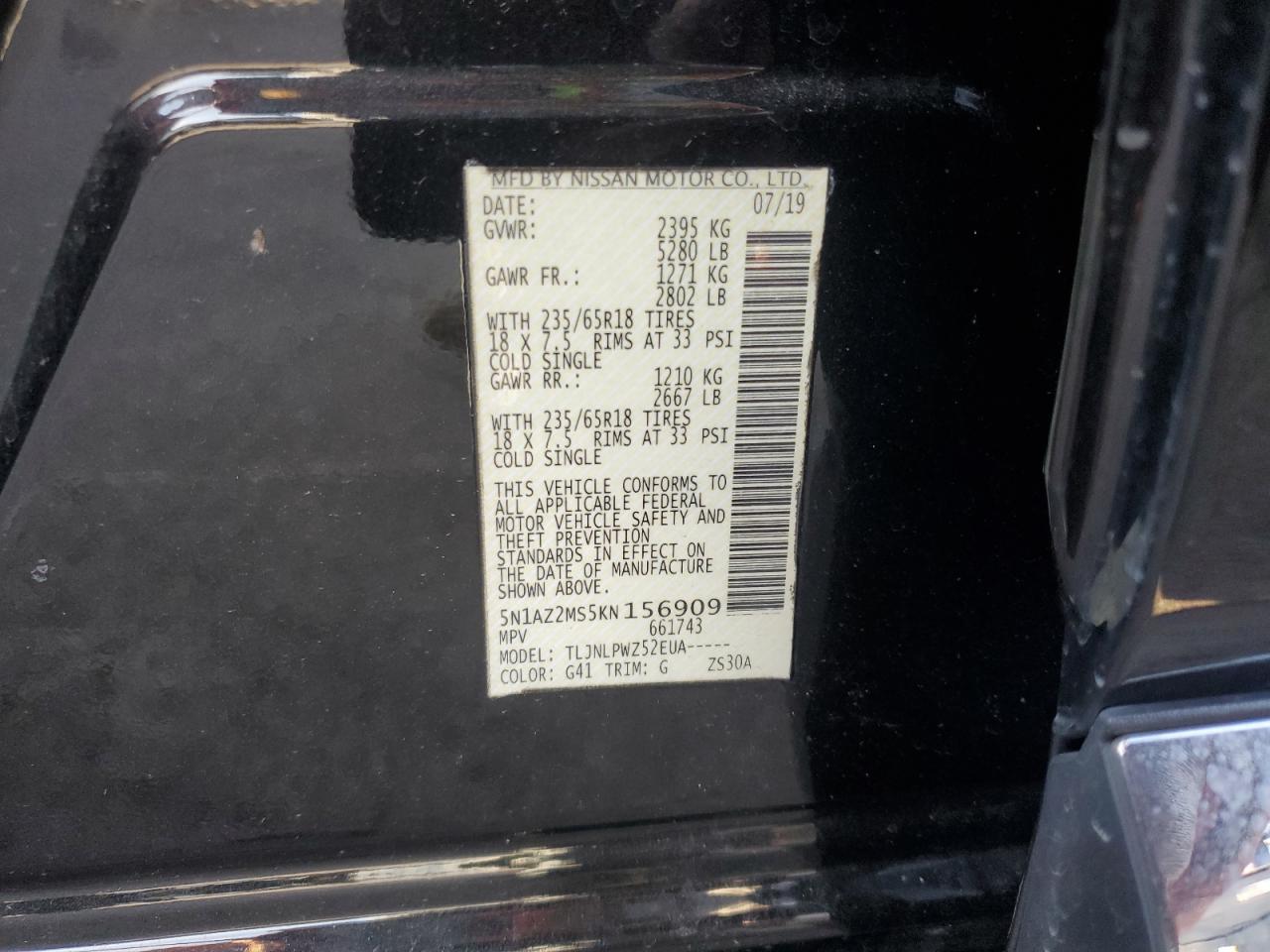 2019 Nissan Murano S VIN: 5N1AZ2MS5KN156909 Lot: 90524905