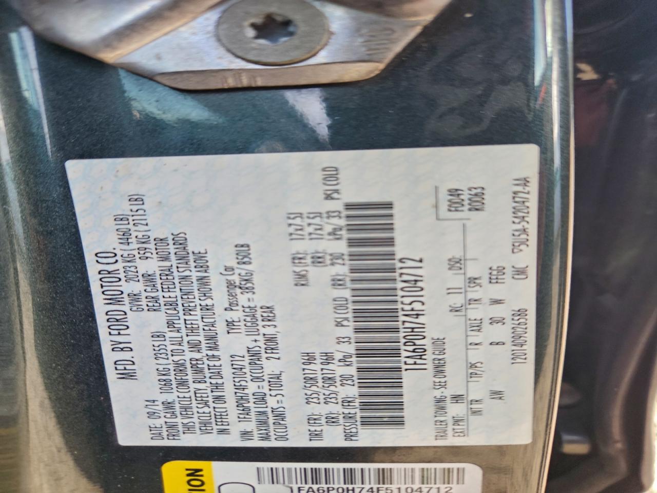 2015 Ford Fusion Se VIN: 1FA6P0H74F5104712 Lot: 94711255