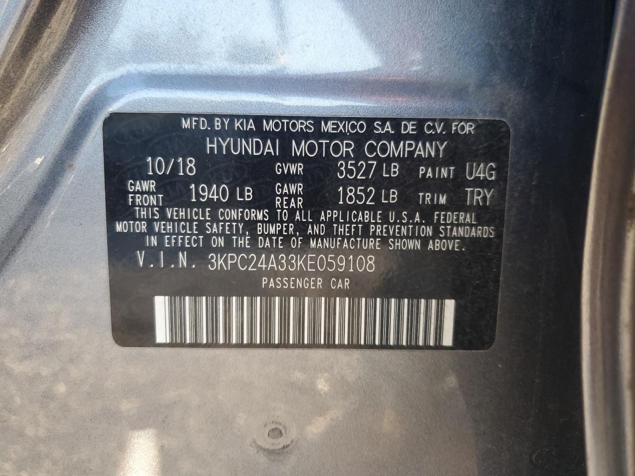 2019 Hyundai Accent Se VIN: 3KPC24A33KE059108 Lot: 91074695