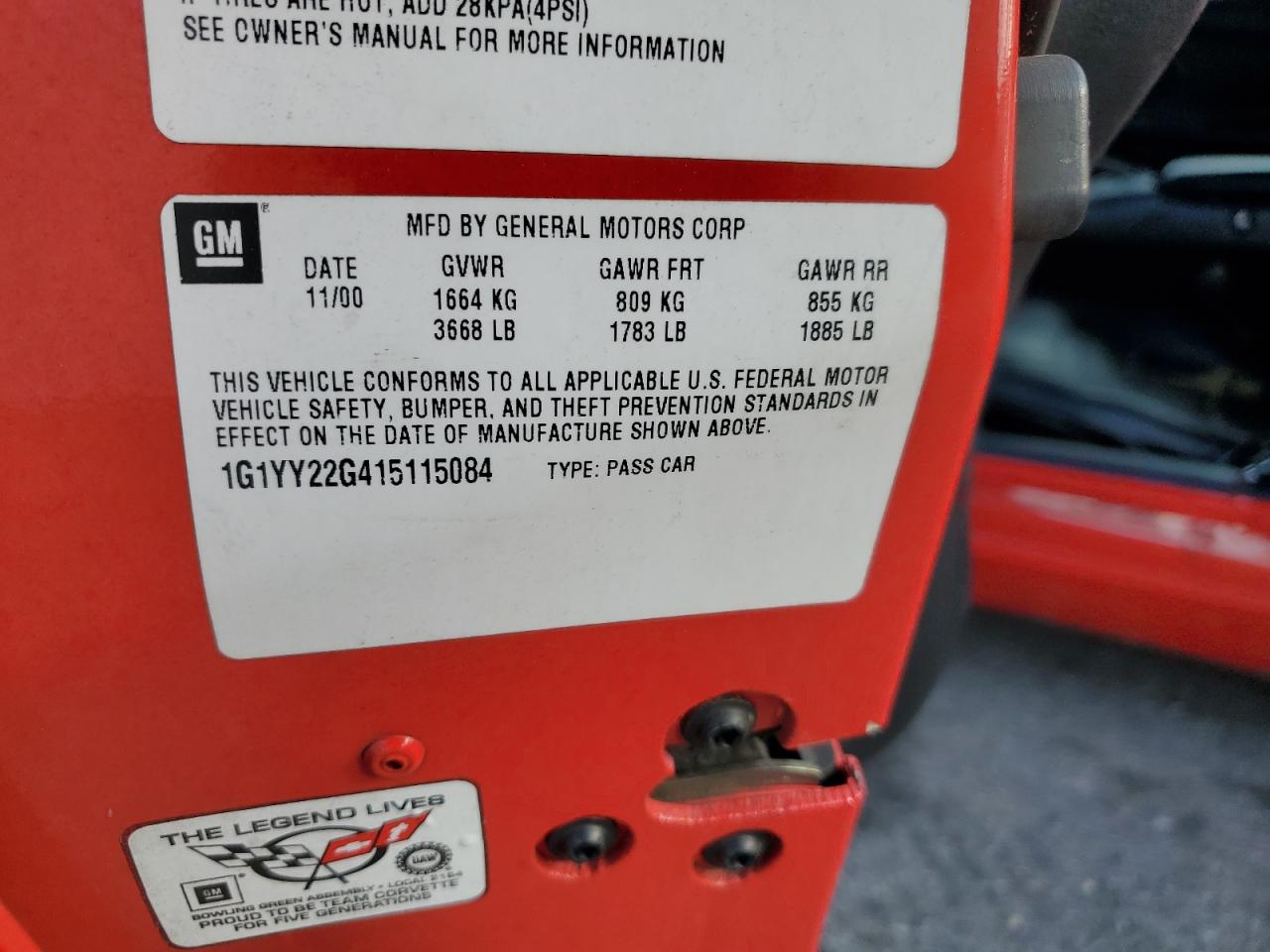 2001 Chevrolet Corvette VIN: 1G1YY22G415115084 Lot: 93046655