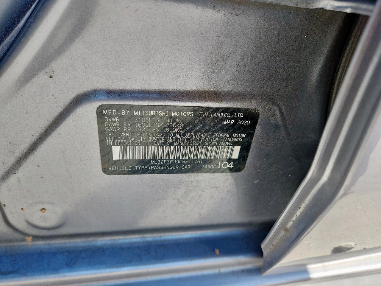 2020 Mitsubishi Mirage G4 Es VIN: ML32F3FJ9LHF11761 Lot: 90894915