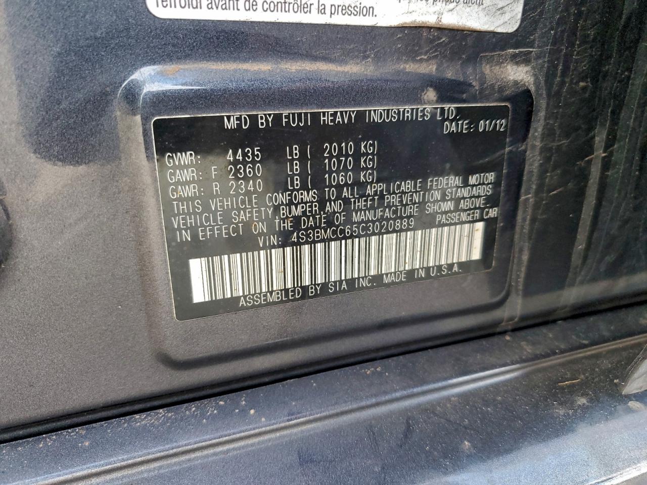 2012 Subaru Legacy 2.5I Premium VIN: 4S3BMCC65C3020889 Lot: 94245265